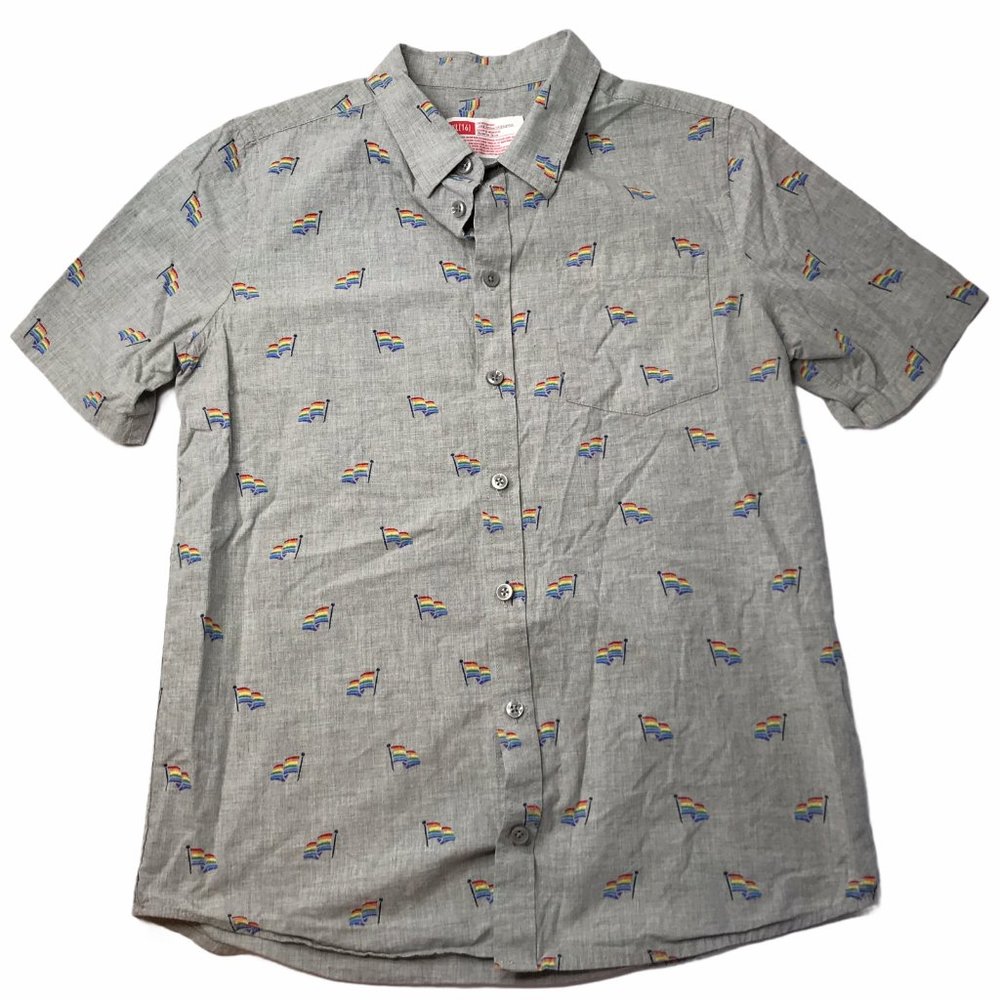 Button Up Collared Shirt, Gray Pride Rainbow Flags. Size XL 16 Kid's Youth Boy